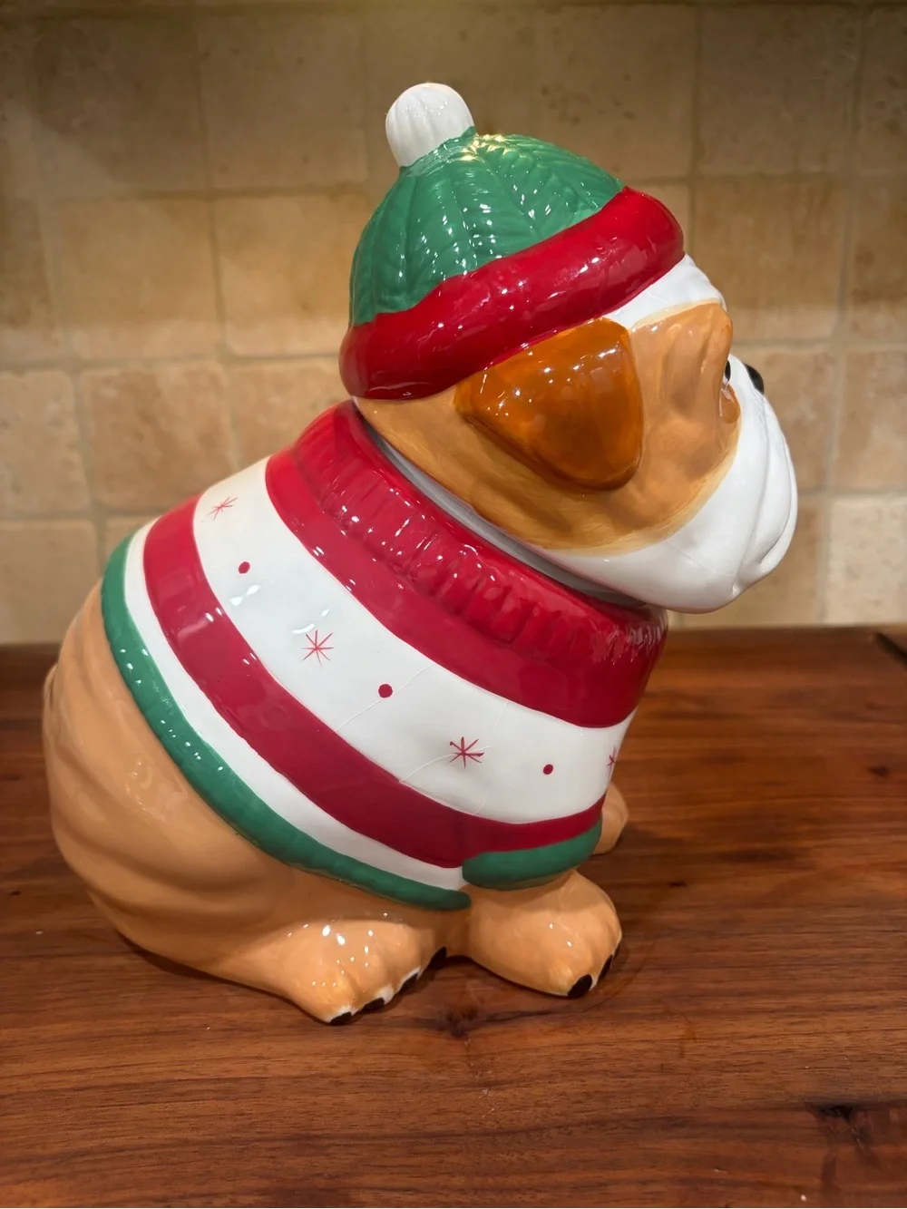 Holiday Bulldog Ceramic Cookie Jar - Red, Green, White